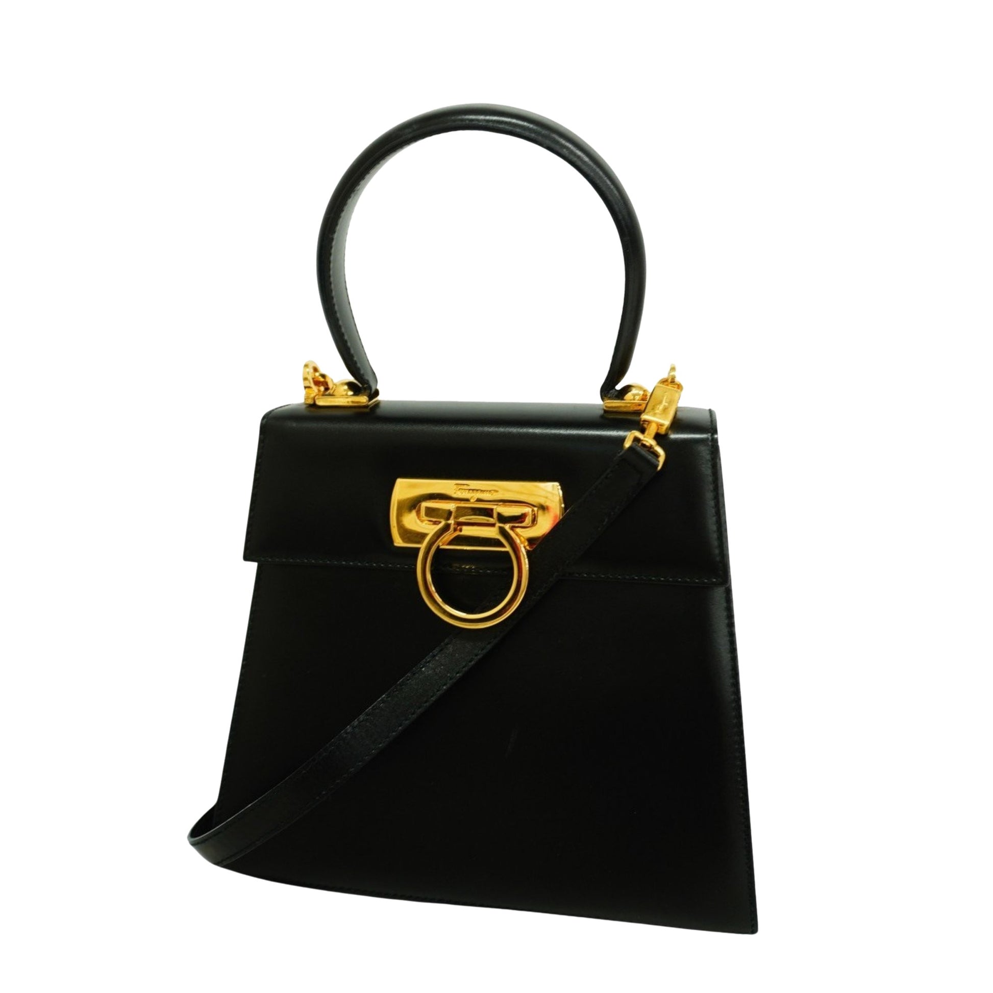 Salvatore Ferragamo Iconic Top Handle, Black, Leather, handbag