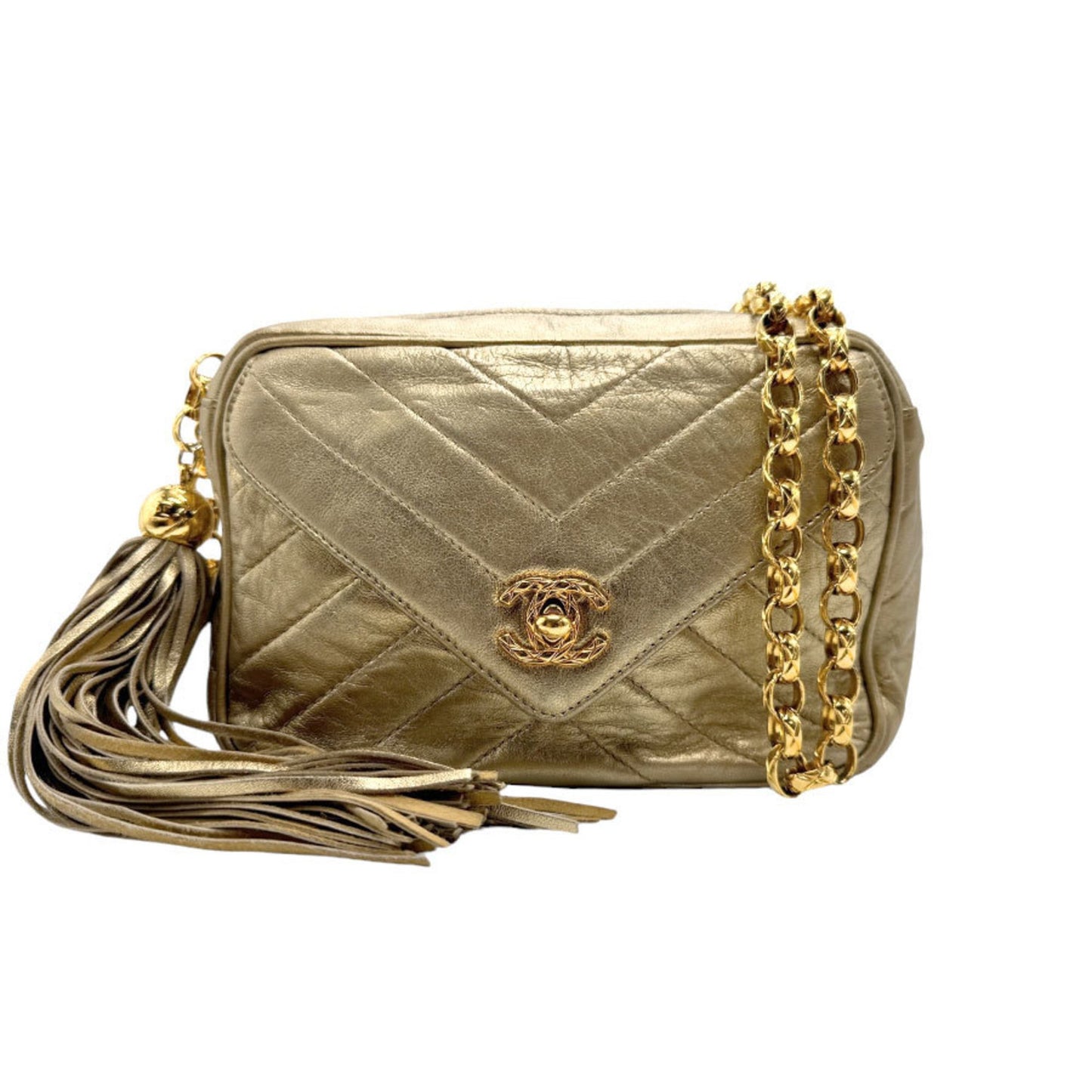 Chanel Camera, Gold, Leather, shoulder