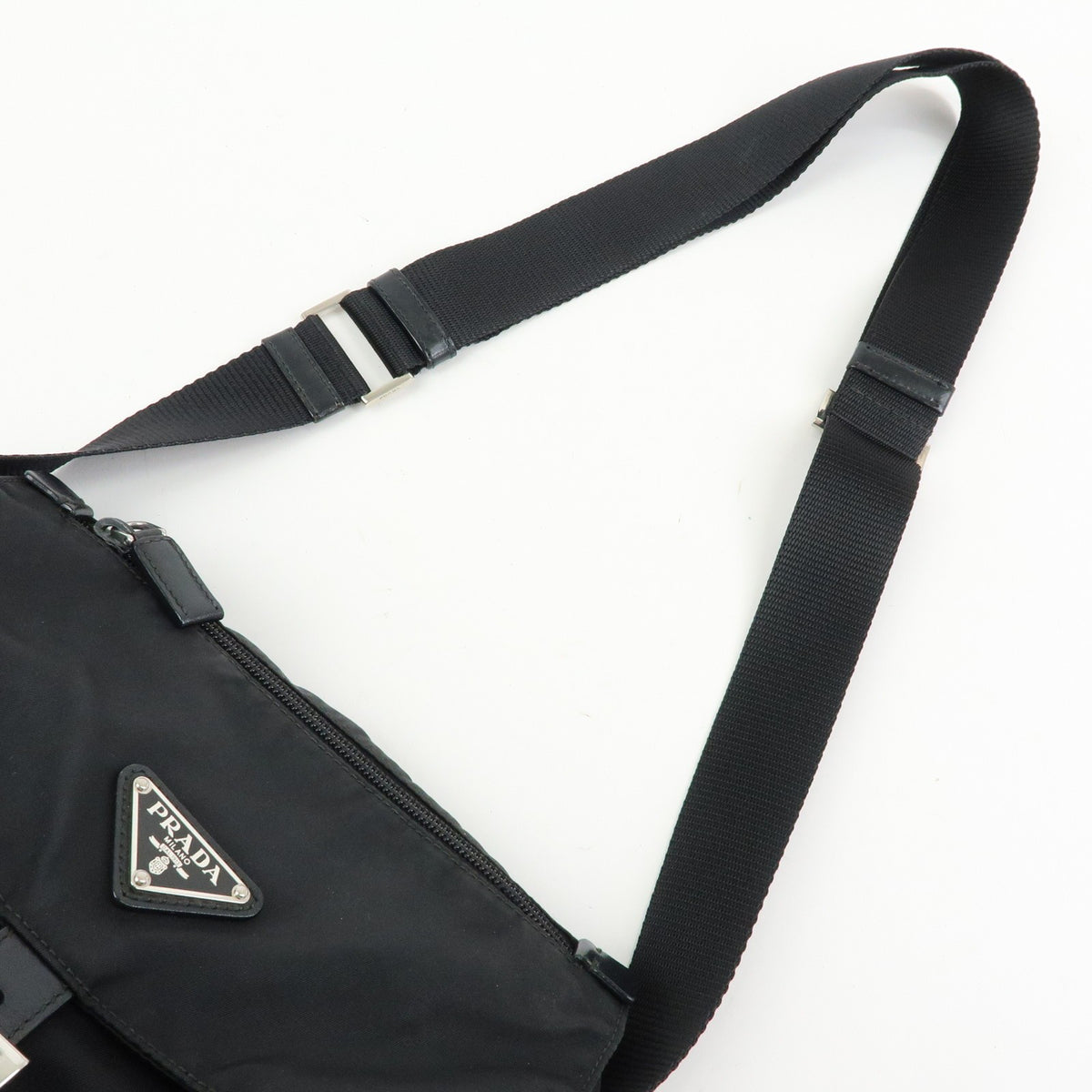 Prada Zip Buckle Messenger Tessuto, Black, Nylon, Handbag