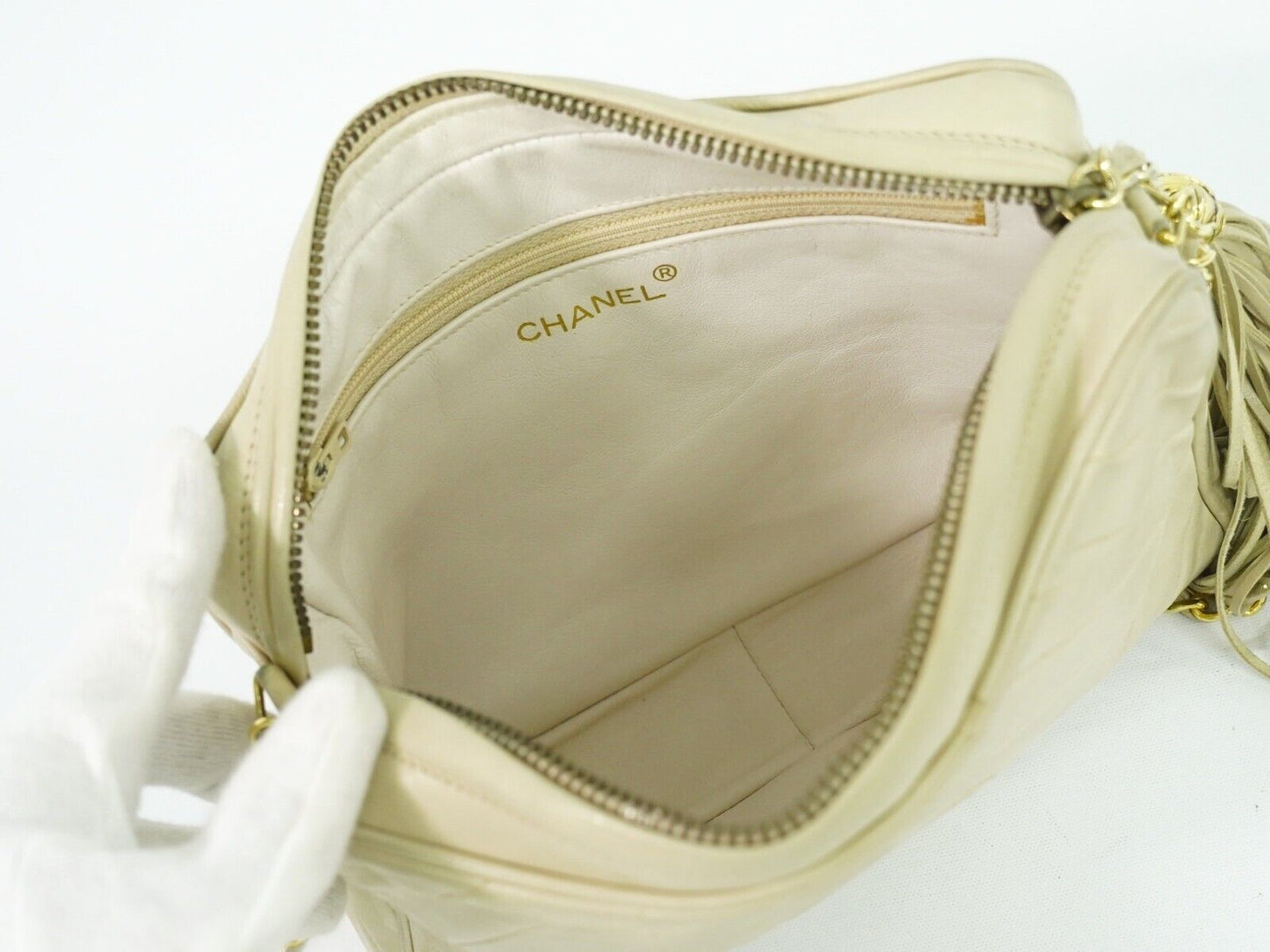 Chanel Camera, Ecru, Leather, shoulder