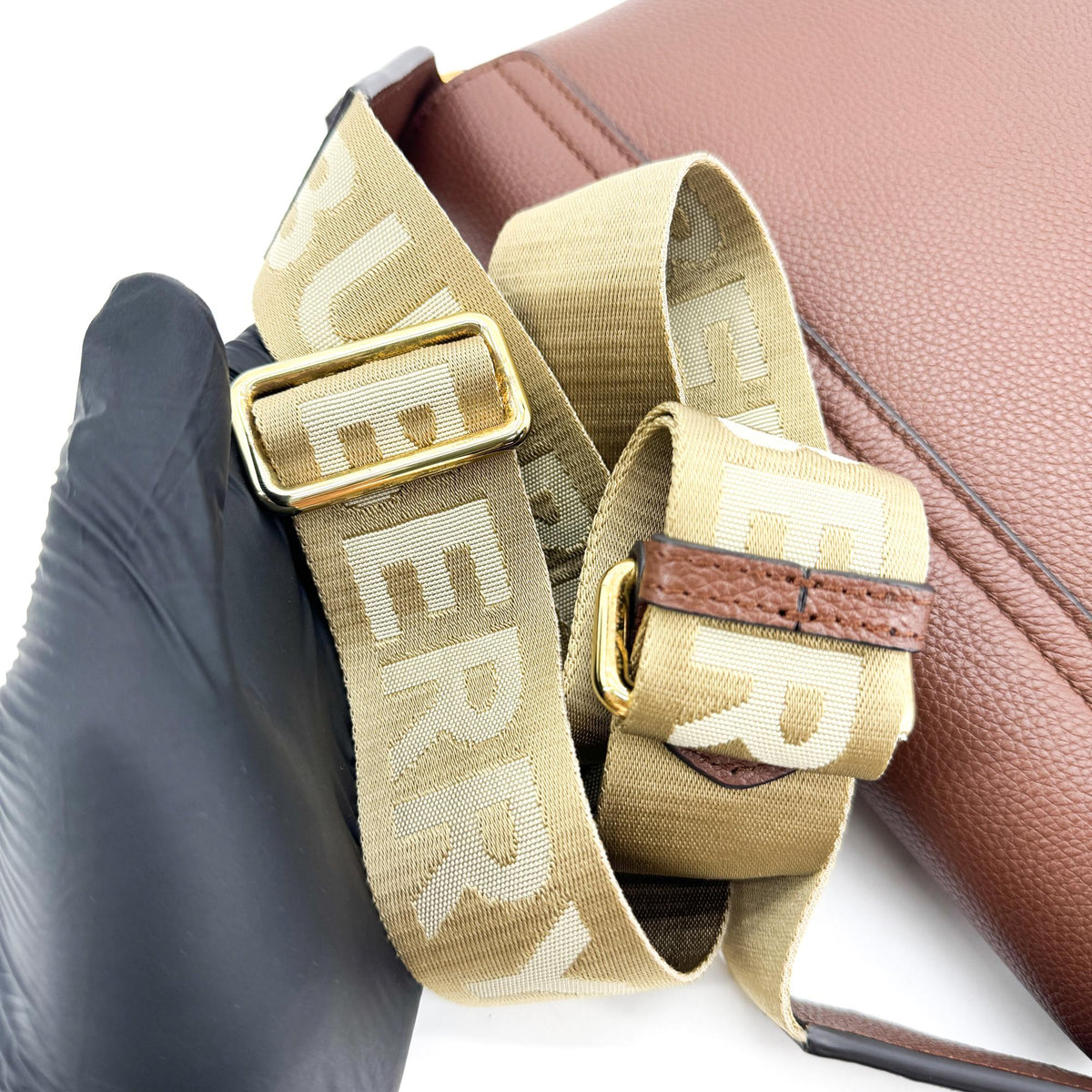 Burberry Note Leather with Vintage Check Canvas, Brown, Leather, Crossbody Bag