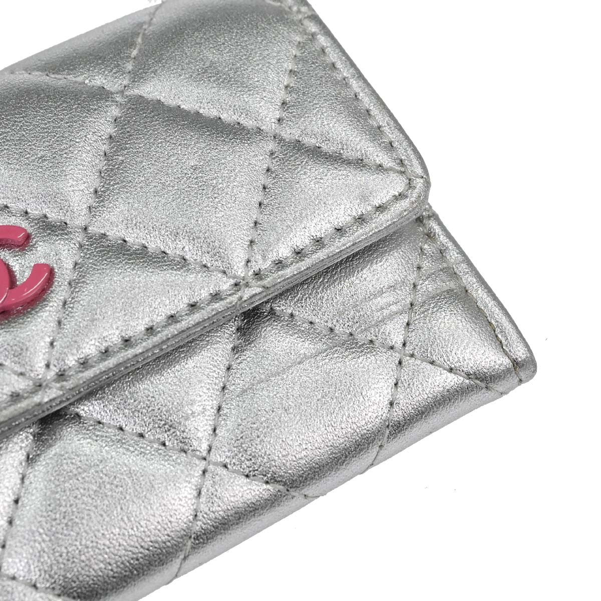 Chanel CC Flap Card Case Quilted Lambskin, Silver, Leather, Card Holder