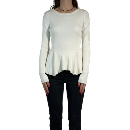 SPORTMAX Ribbed Knit Peplum Sweater Solid Long Sleeve Fitted White Women's M