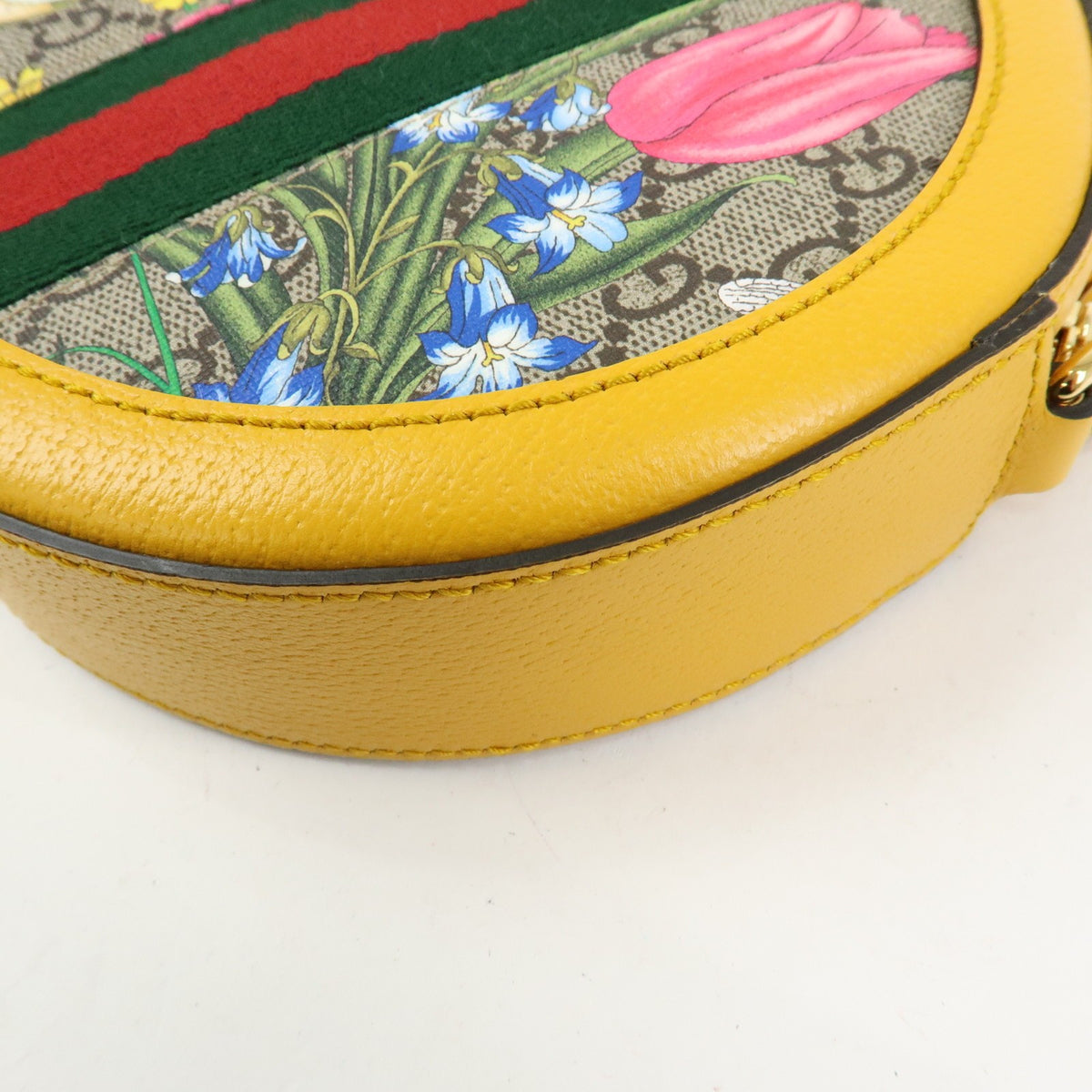 Gucci Ophidia Round Flora GG Coated Canvas, Yellow, Leather, Shoulder Bag