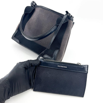 Balenciaga Navy Cabas Canvas with Leather, Black, Canvas, Tote Bag