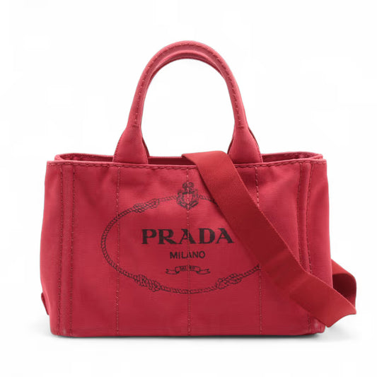 Prada Canapa Convertible Tote Printed Canvas, Red, Canvas, Handbag