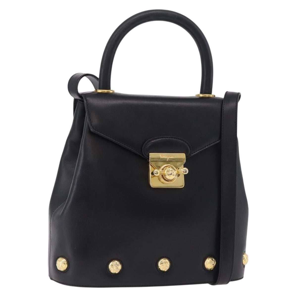 Salvatore Ferragamo Vintage Flap Lock Studded Leather, Black, Leather, Handbag