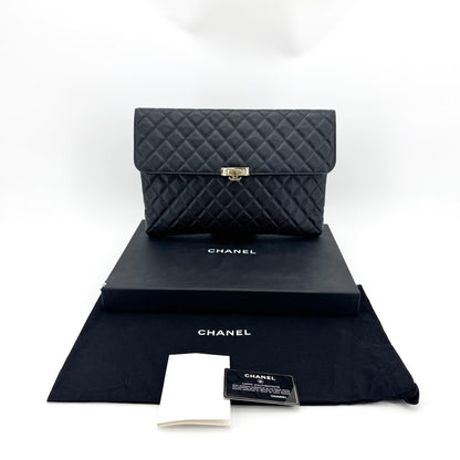 Chanel Golden Class O Case Clutch Quilted Caviar, Black, Leather, Clutch