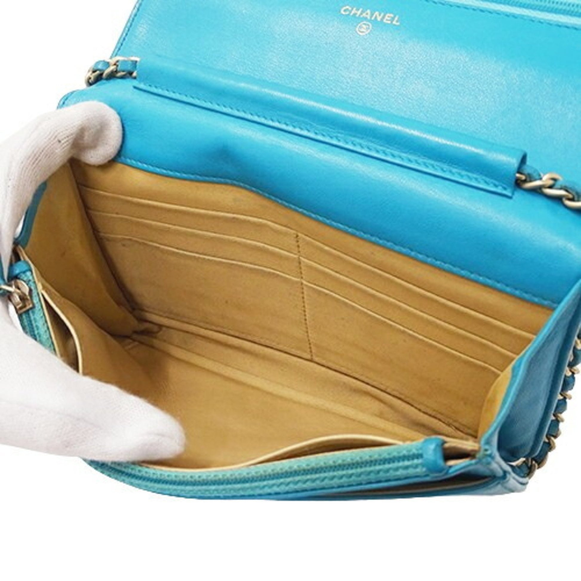 Chanel Camellia, Turquoise, Leather, wallet