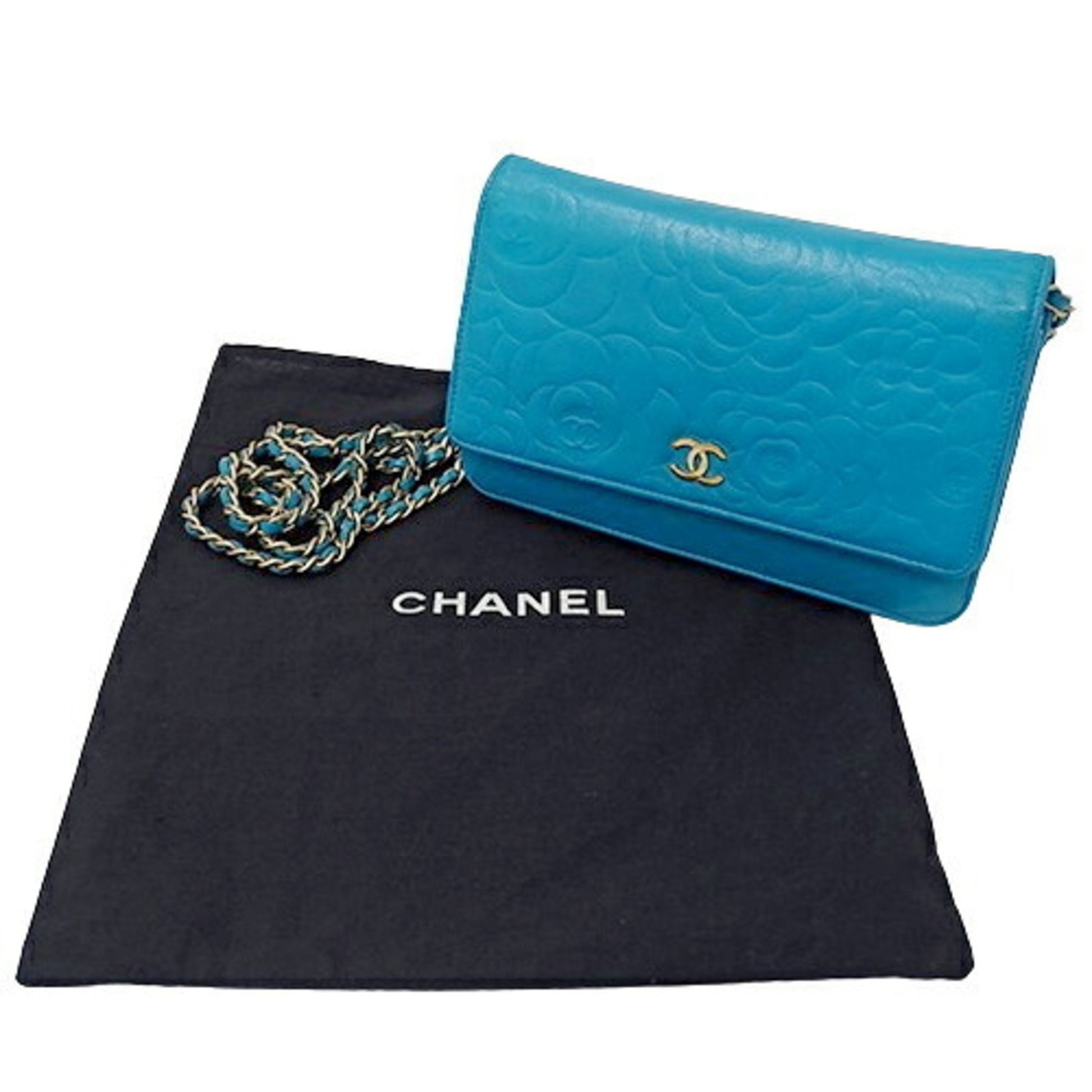 Chanel Camellia, Turquoise, Leather, wallet