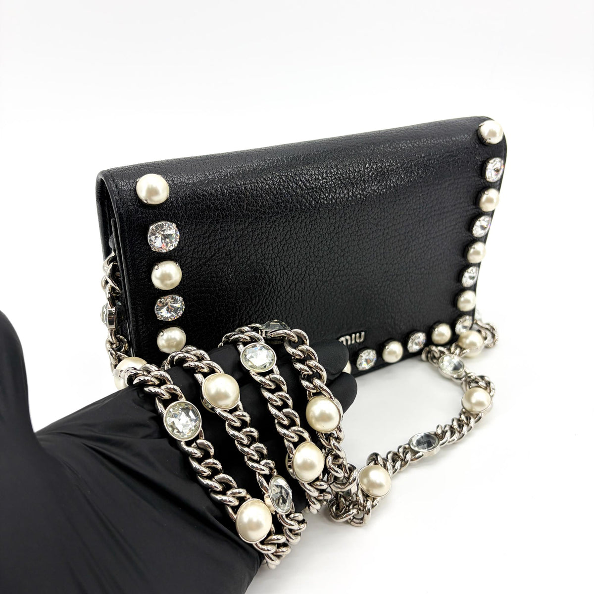 Miu Miu Crystal and Pearl Chain Clutch Embellished Leather, Black, Leather, Clutch