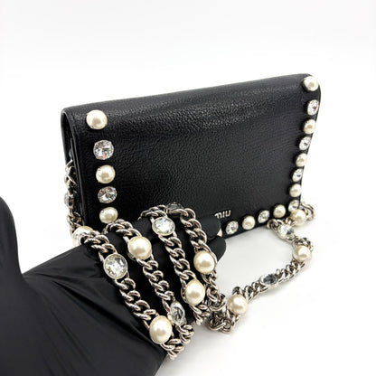 Miu Miu Crystal and Pearl Chain Clutch Embellished Leather, Black, Leather, Clutch