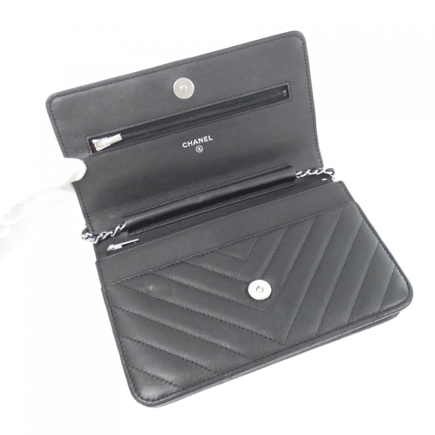 Chanel Wallet On Chain, Black, Leather, wallet