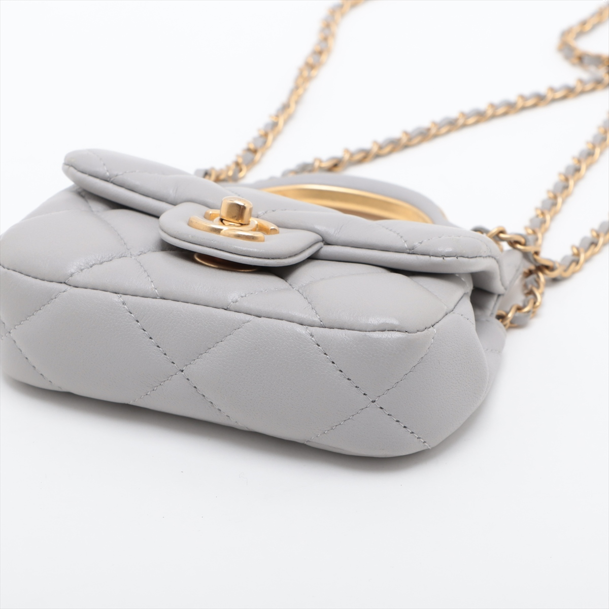 Chanel Lady Handle Flap Card Holder on Chain Quilted Calfskin, GRAY, LEATHER, Shoulder bag