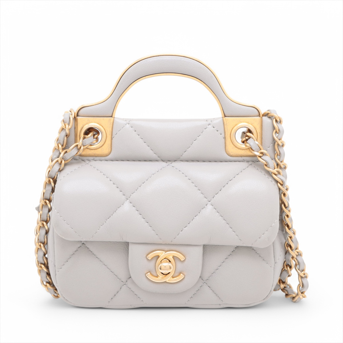 Chanel Lady Handle Flap Card Holder on Chain Quilted Calfskin, GRAY, LEATHER, Shoulder bag