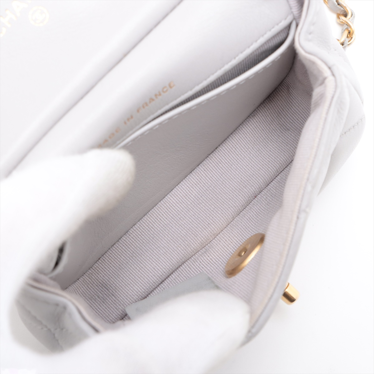 Chanel Lady Handle Flap Card Holder on Chain Quilted Calfskin, GRAY, LEATHER, Shoulder bag