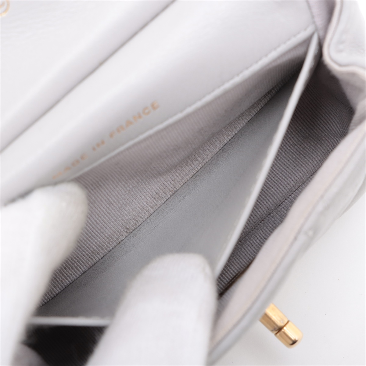 Chanel Lady Handle Flap Card Holder on Chain Quilted Calfskin, GRAY, LEATHER, Shoulder bag