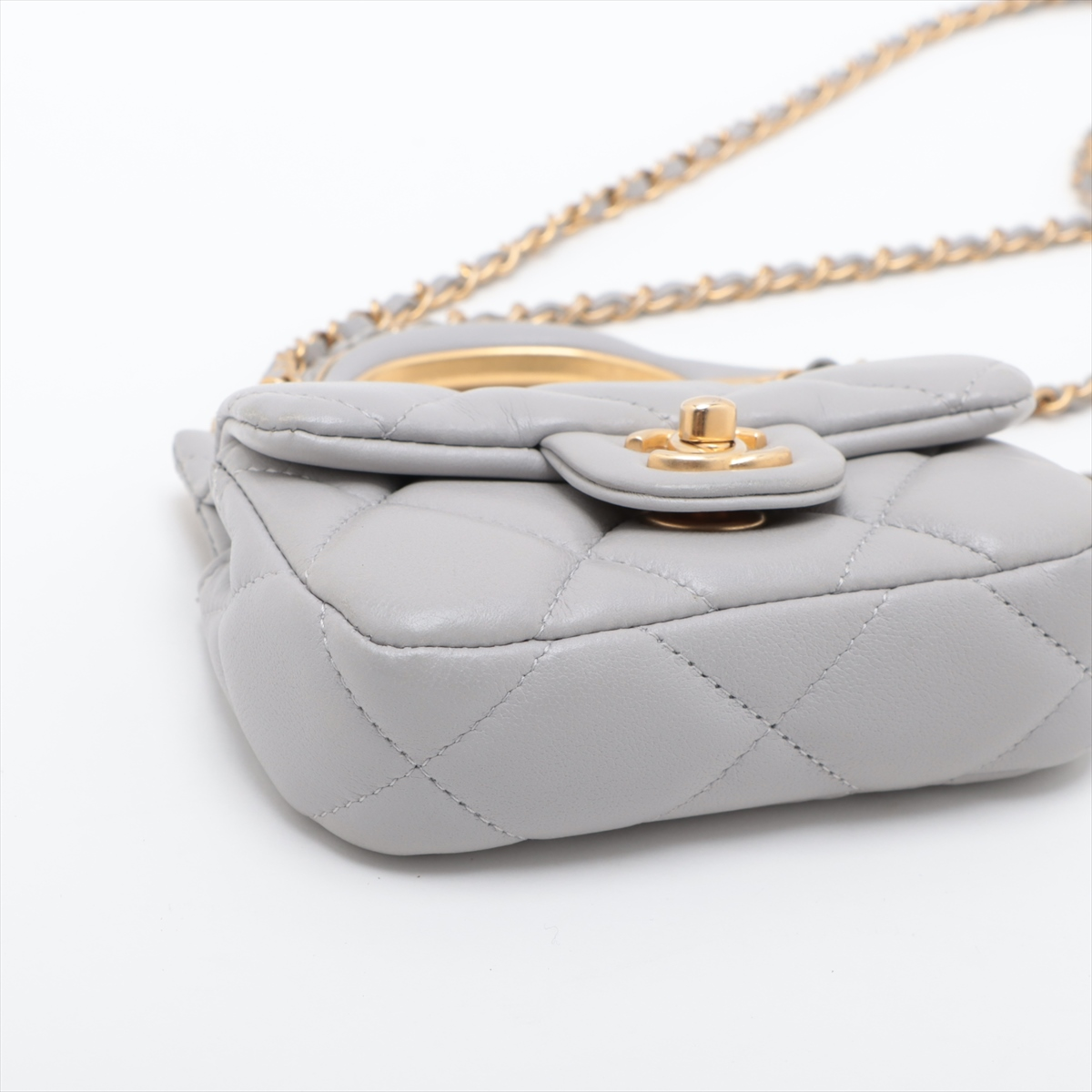 Chanel Lady Handle Flap Card Holder on Chain Quilted Calfskin, GRAY, LEATHER, Shoulder bag