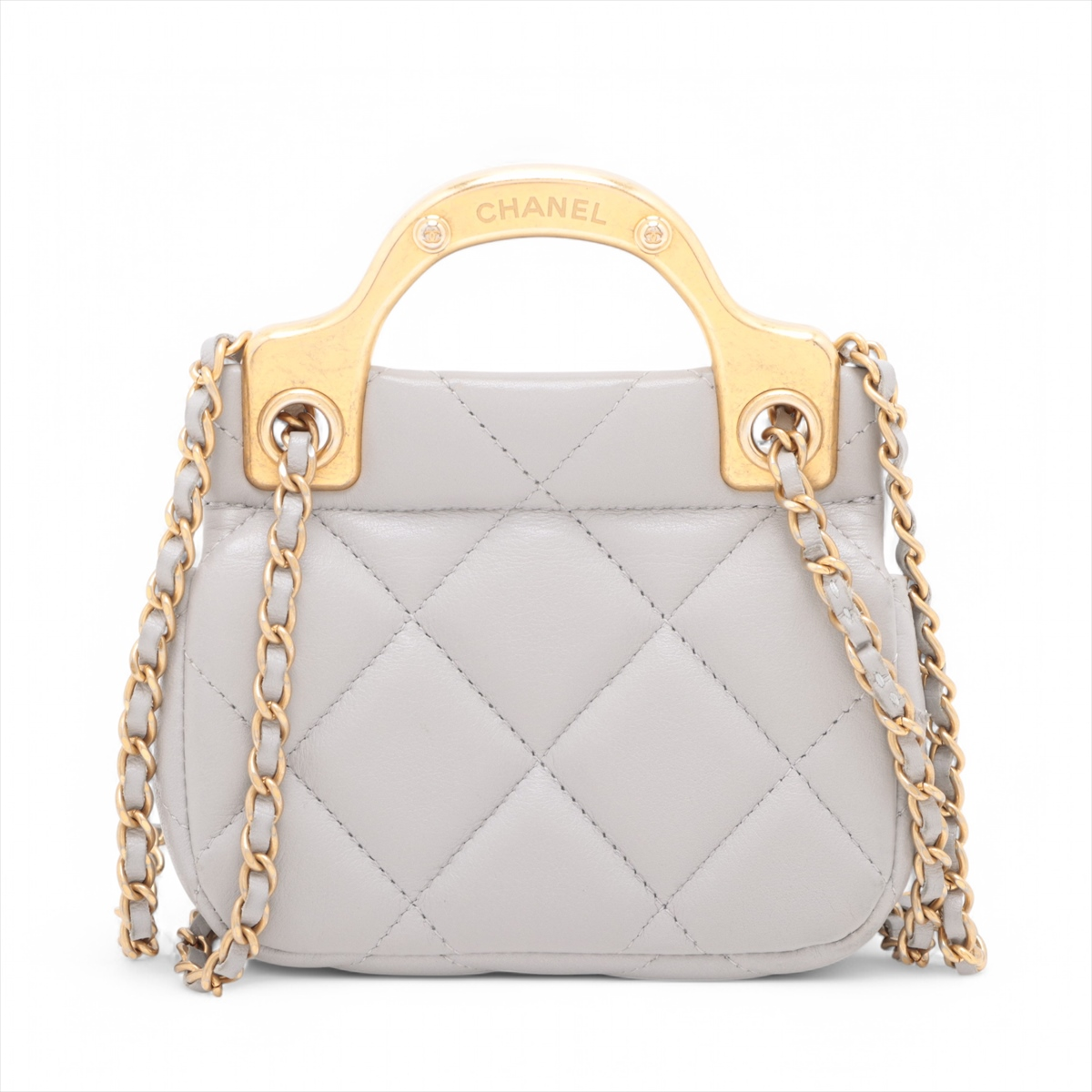 Chanel Lady Handle Flap Card Holder on Chain Quilted Calfskin, GRAY, LEATHER, Shoulder bag