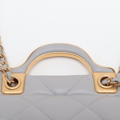 Chanel Lady Handle Flap Card Holder on Chain Quilted Calfskin, GRAY, LEATHER, Shoulder bag