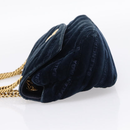 Balenciaga BB Chain Round Quilted Velvet, Navy, Velvet, Shoulder Bag