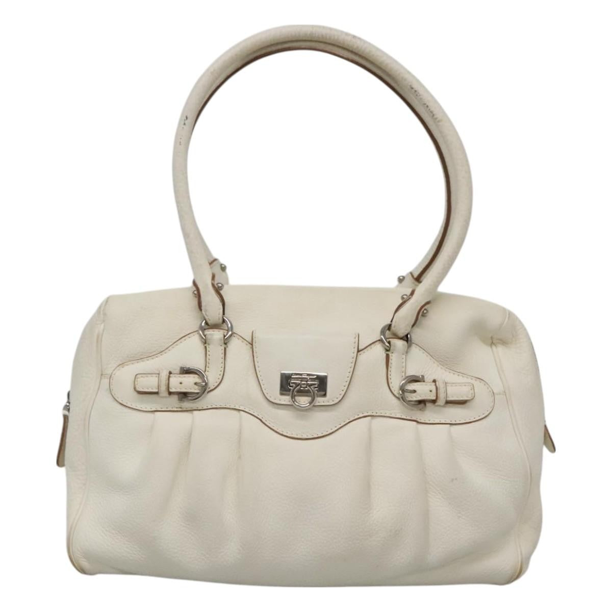 Salvatore Ferragamo Gancini Buckle Leather, White, Leather, Shoulder Bag