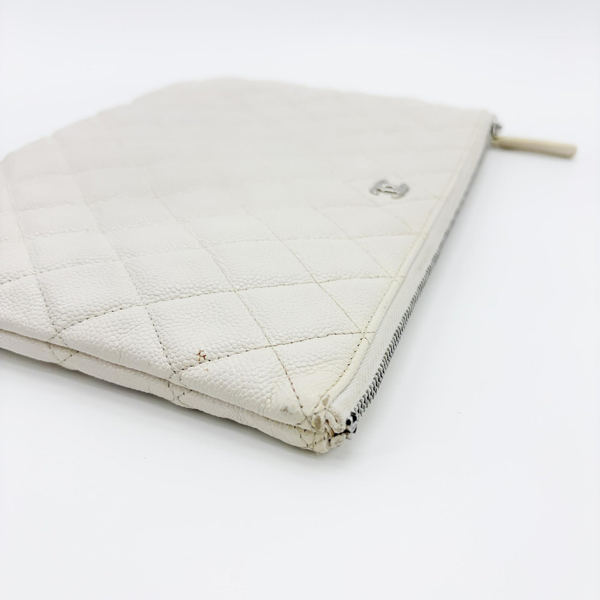 Chanel Classic O Case Quilted Caviar, White, Leather, Clutch
