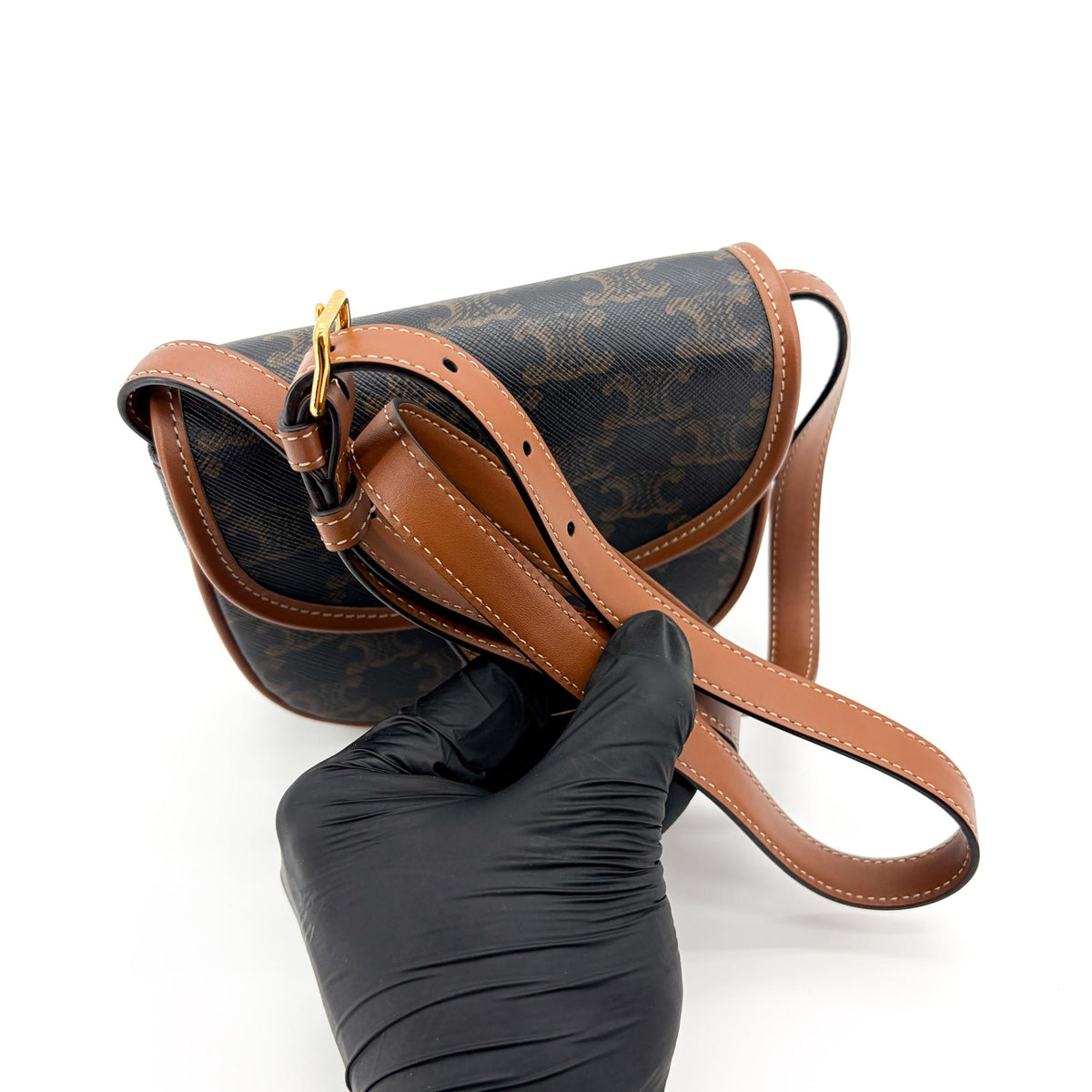 Celine Besace Flap Triomphe Coated Canvas, Black, Canvas, Handbag