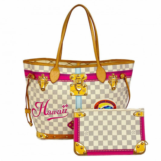 Louis Vuitton Neverfull MM, White, Canvas, tote