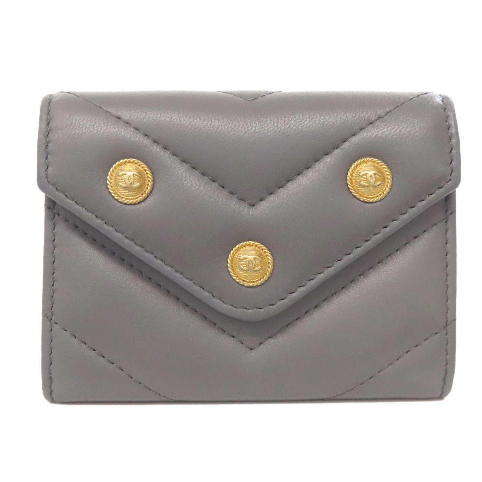 Chanel V-Stich, Grey, Leather, wallet