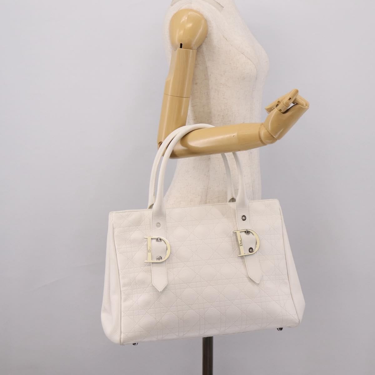 Christian Dior D Buckle Tote Cannage Stitch Leather, White, Leather, Tote Bag