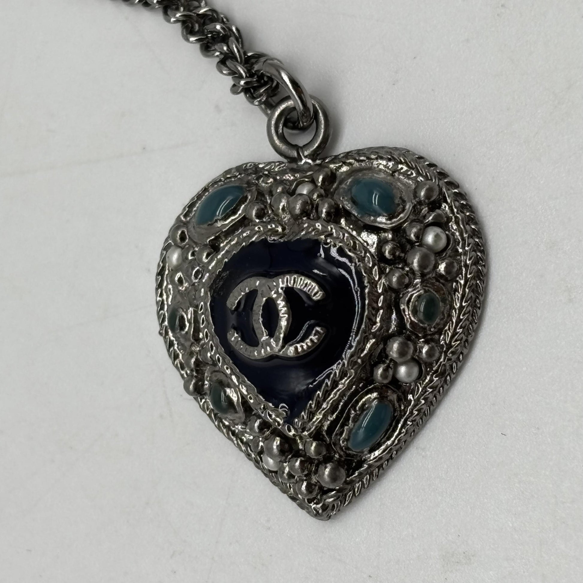 Chanel CC Heart Pendant Metal and Crystal Embellished Resin, Silver, Silver, Necklace