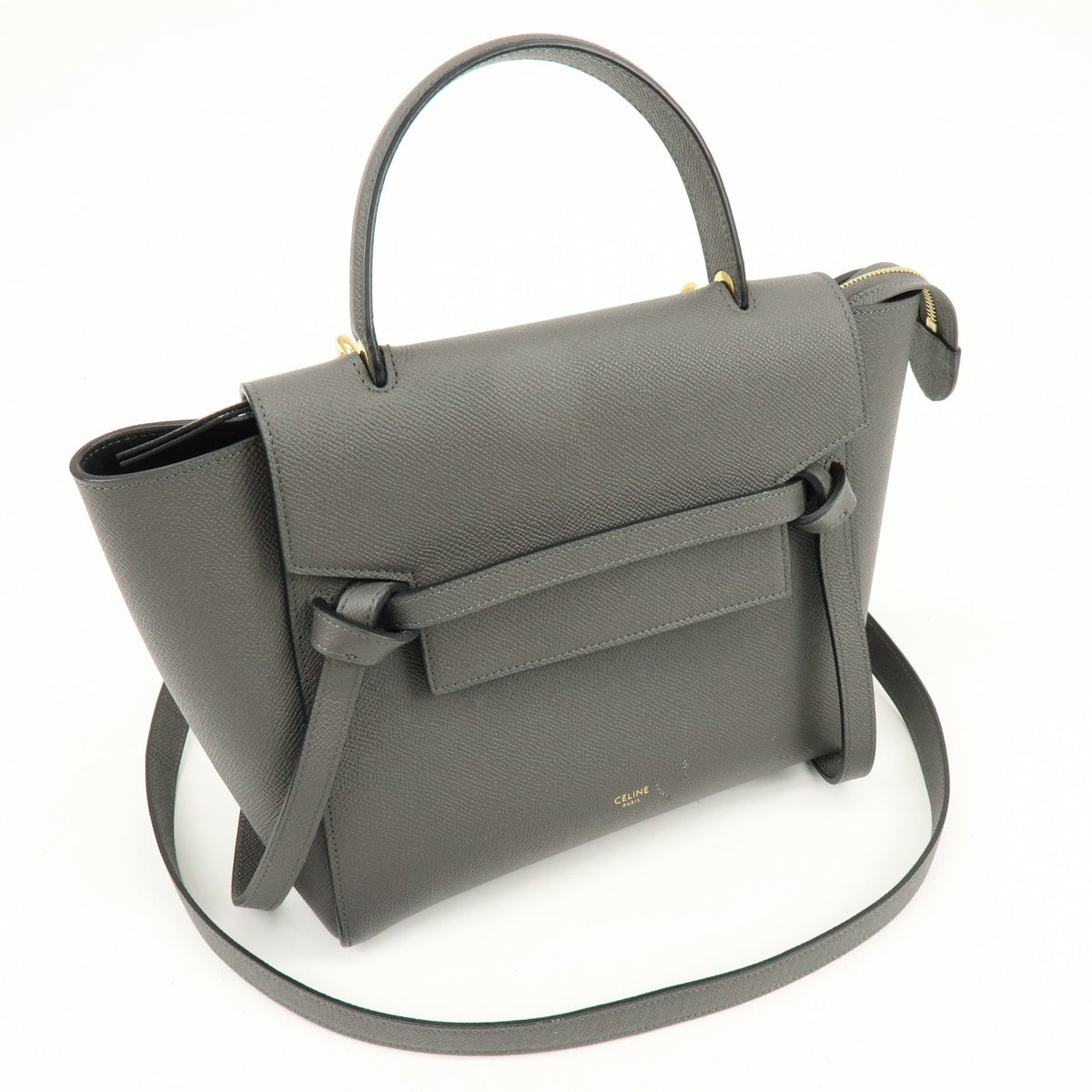Celine Belt Textured Leather, Gray, Leather, Handbag