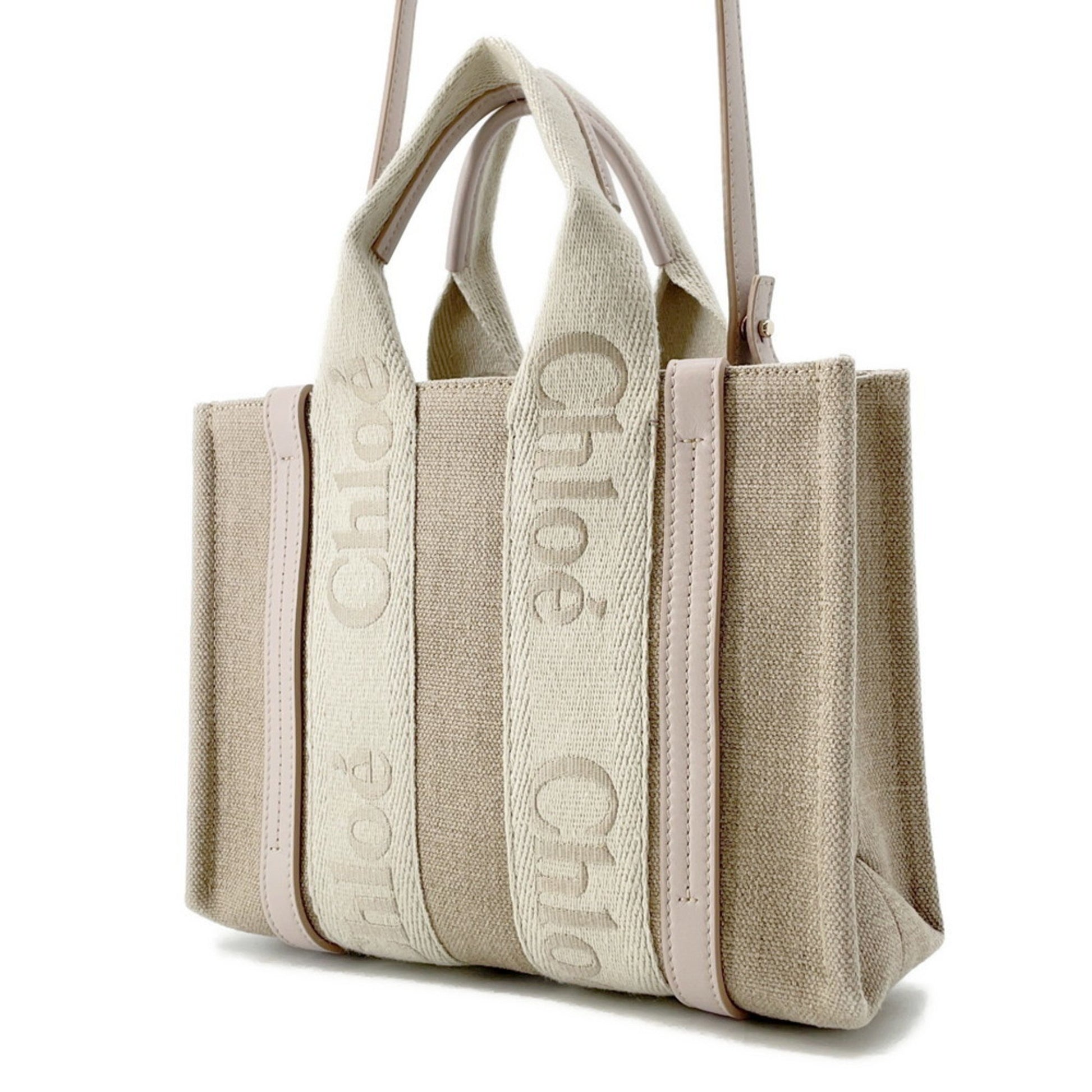 Chloé Woody, Beige, "CANVAS, LEATHER", tote