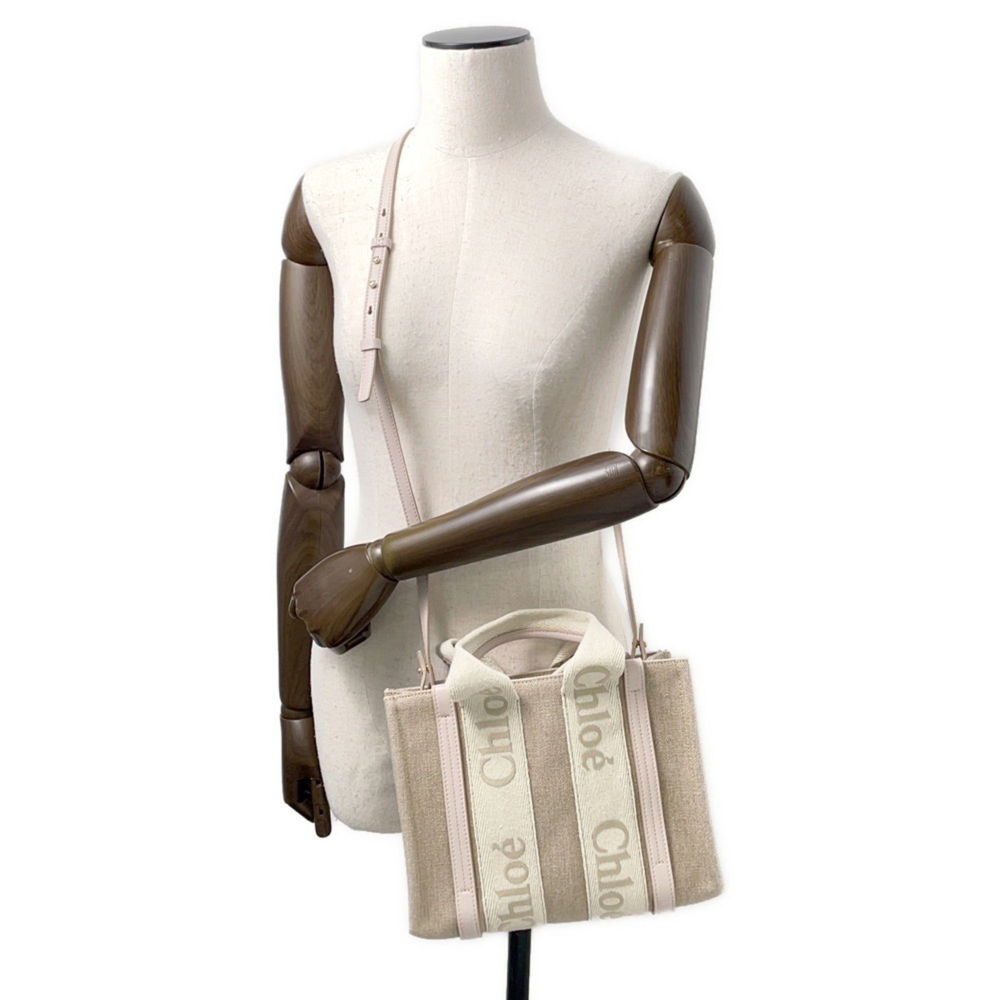 Chloé Woody, Beige, "CANVAS, LEATHER", tote