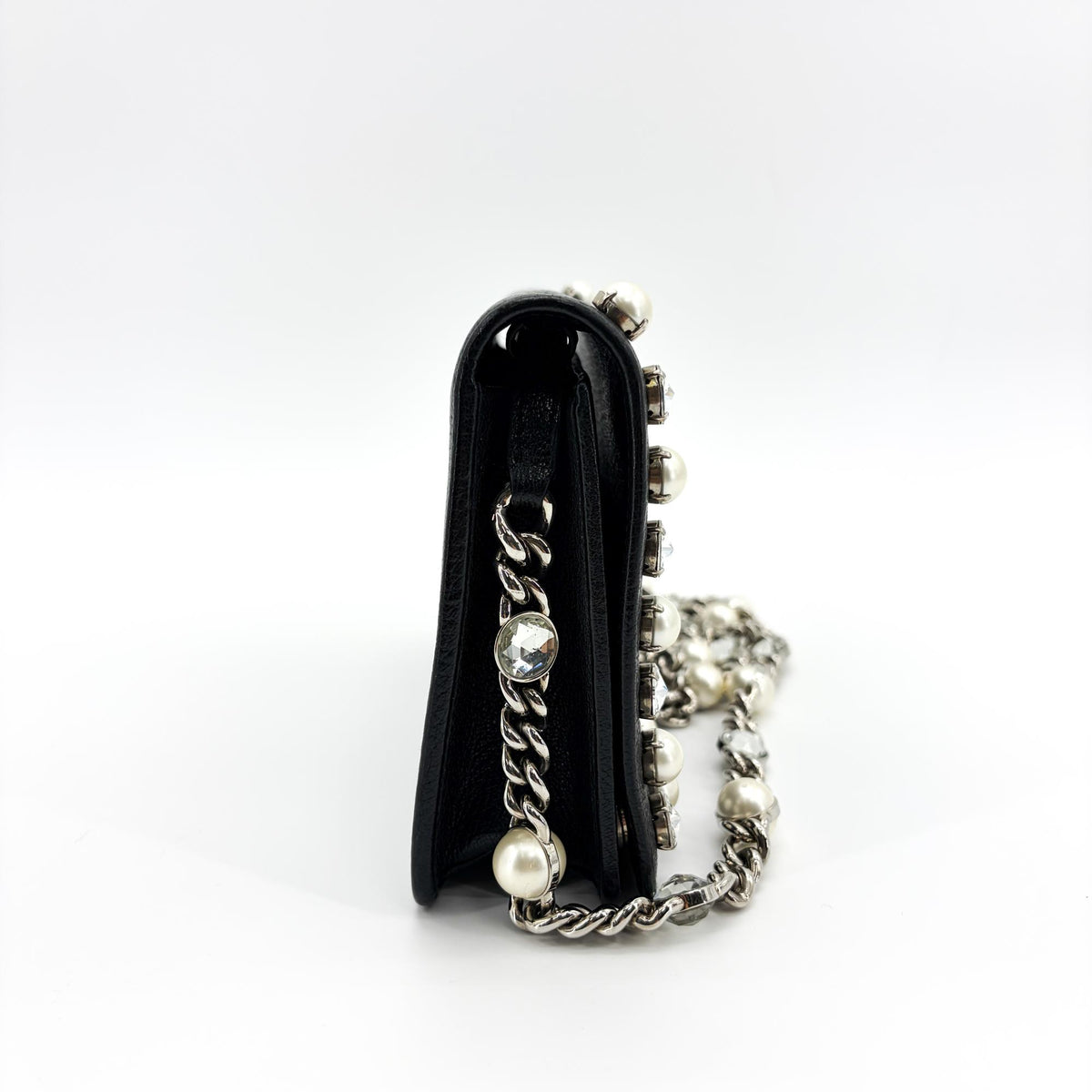 Miu Miu Crystal and Pearl Chain Clutch Embellished Leather, Black, Leather, Clutch