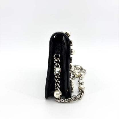 Miu Miu Crystal and Pearl Chain Clutch Embellished Leather, Black, Leather, Clutch