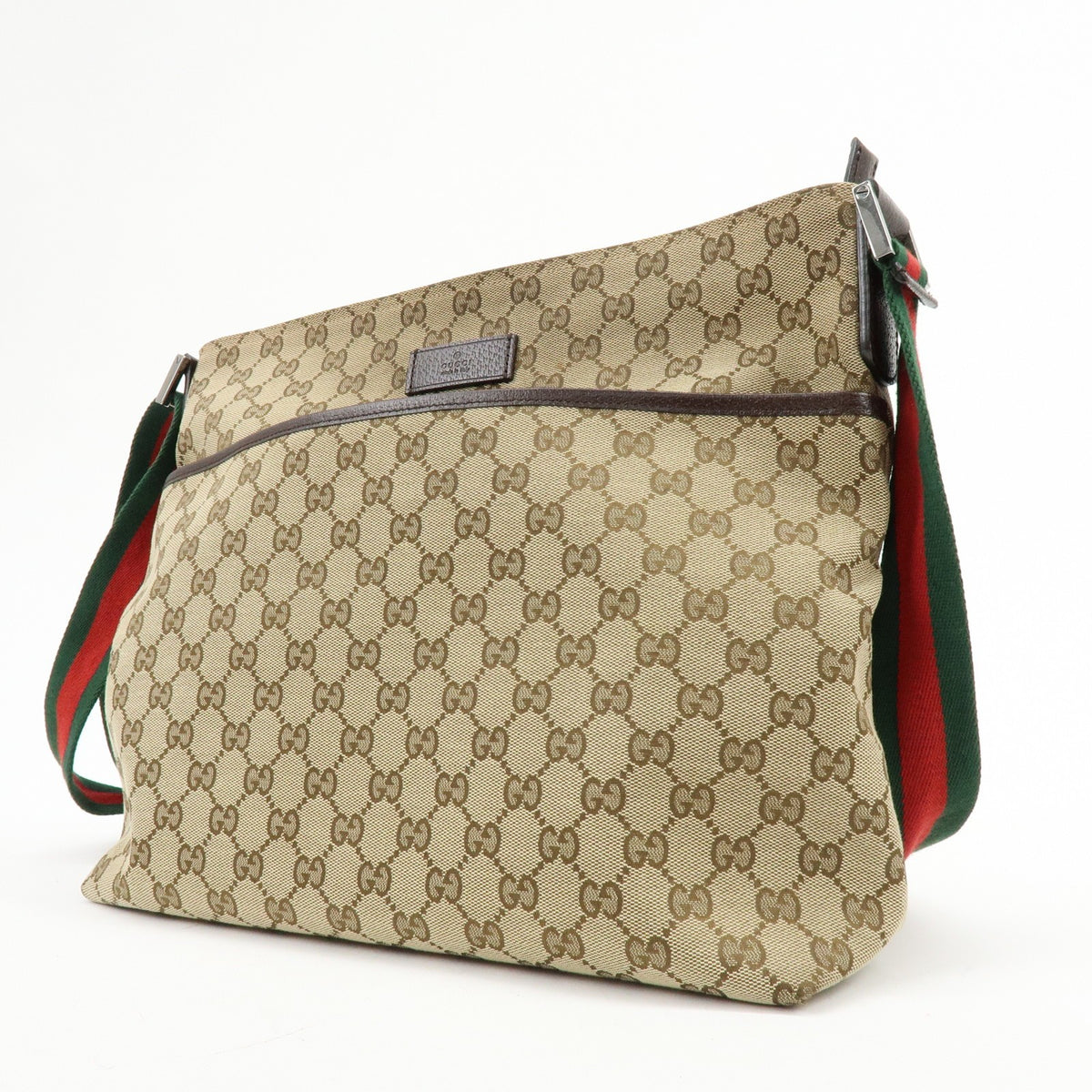 Gucci Web Strap Zip Messenger GG Canvas, Beige, Canvas, Handbag