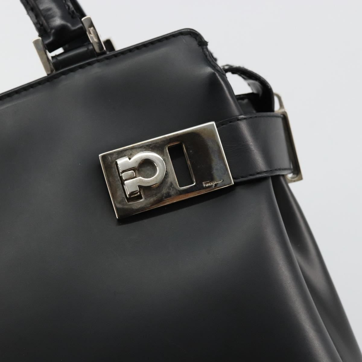 Salvatore Ferragamo Double Gancini Side Buckle Leather, Black, Leather, Tote Bag