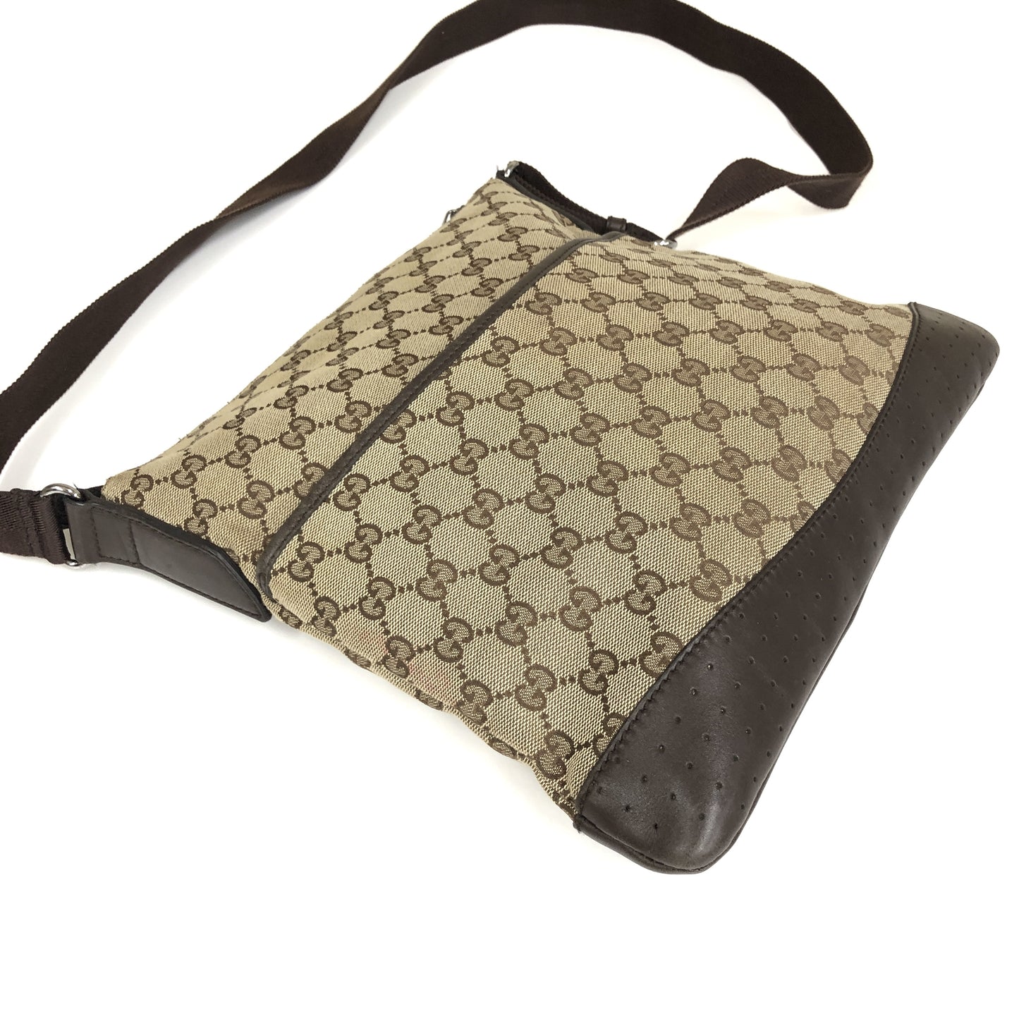 Gucci Zip Messenger GG Canvas with Perforated Leather, Beige, Canvas, Shoulder Bag