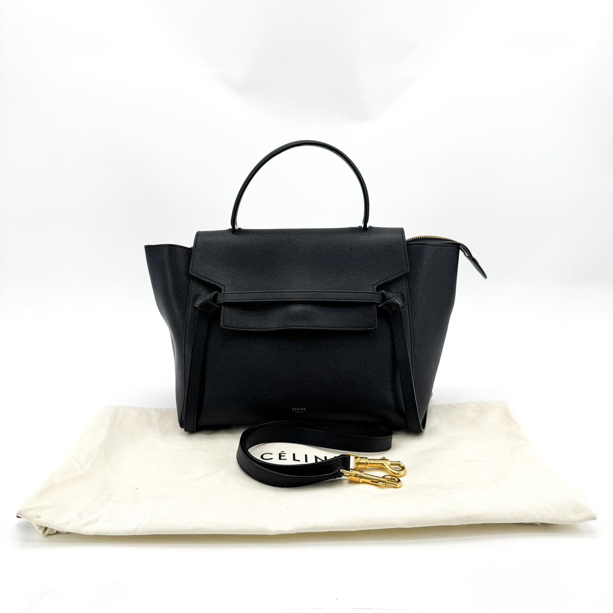 Celine Belt Calfskin, Black, Leather, Handbag