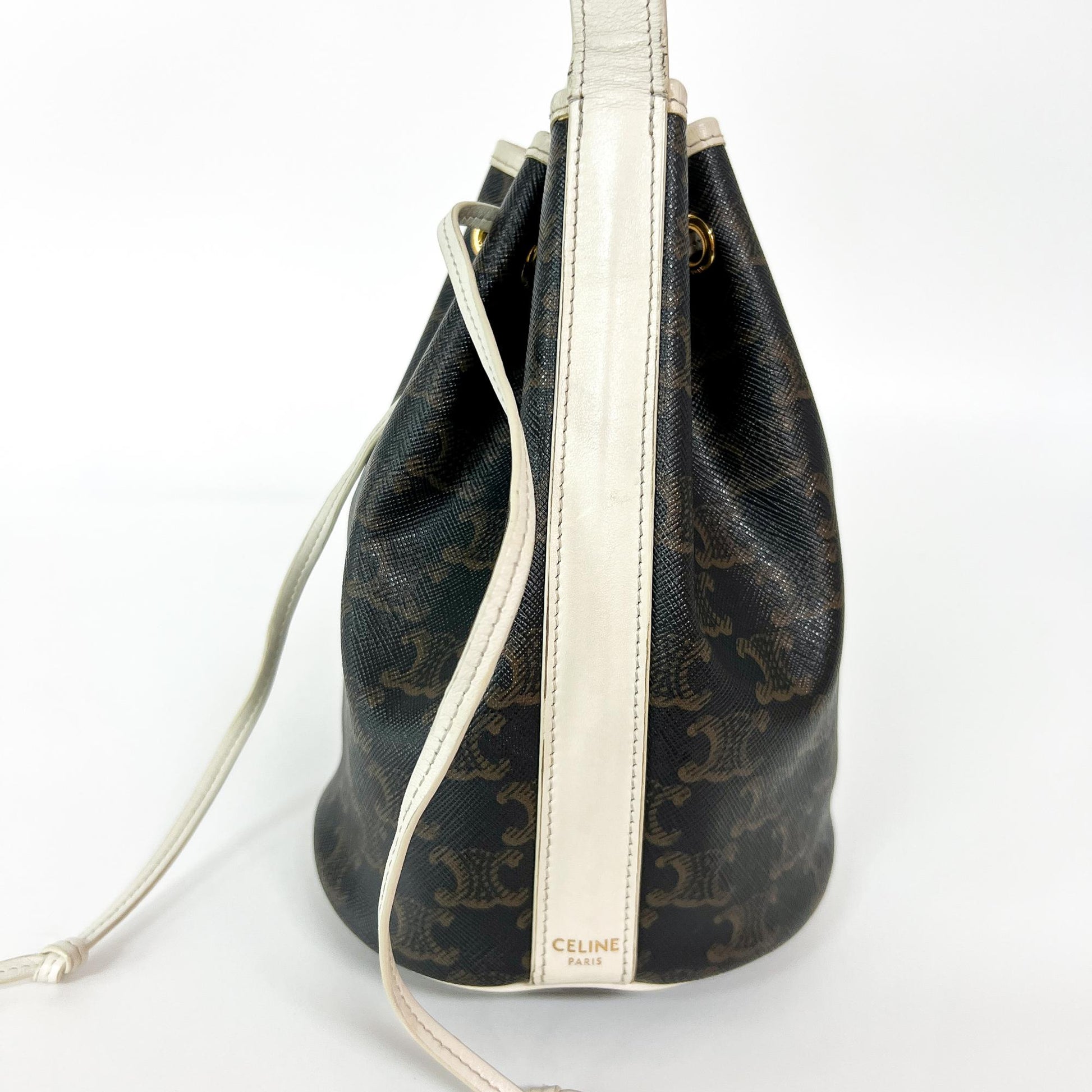 Celine Triomphe Drawstring Bucket Leather, Brown, Canvas, Handbag