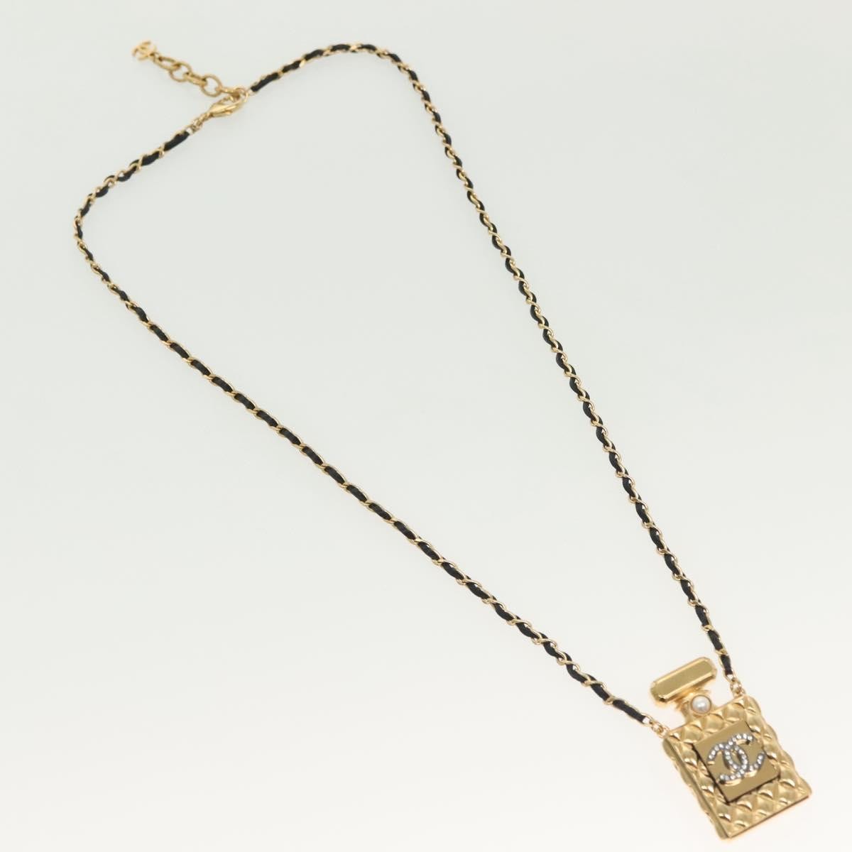 "Chanel CC Perfume Bottle Pendant Chain Long Metal with Leather, Crystals and Faux Pearl", Gold, Metal, Necklace