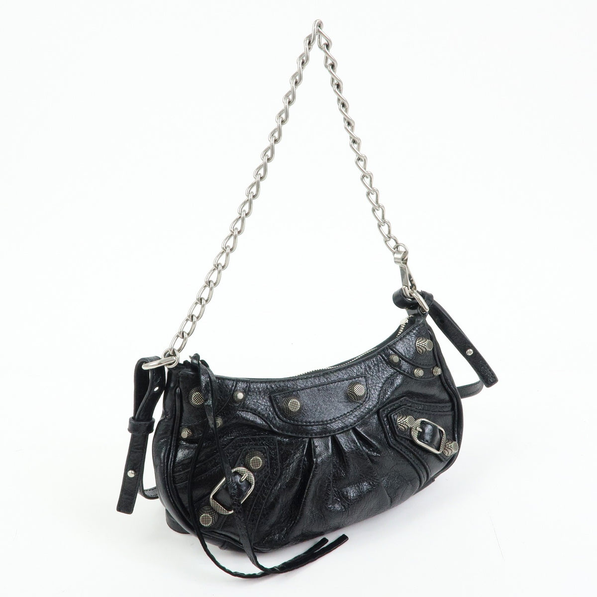 Balenciaga Le Cagole Giant Studs Chain Leather, Black, Leather, Shoulder Bag