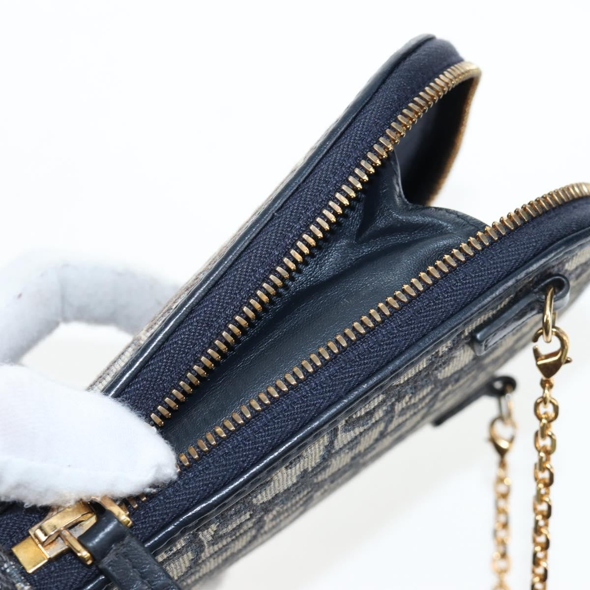 Christian Dior 30 Montaigne Phone Holder on Chain Oblique Canvas, Navy, Canvas, Crossbody Bag