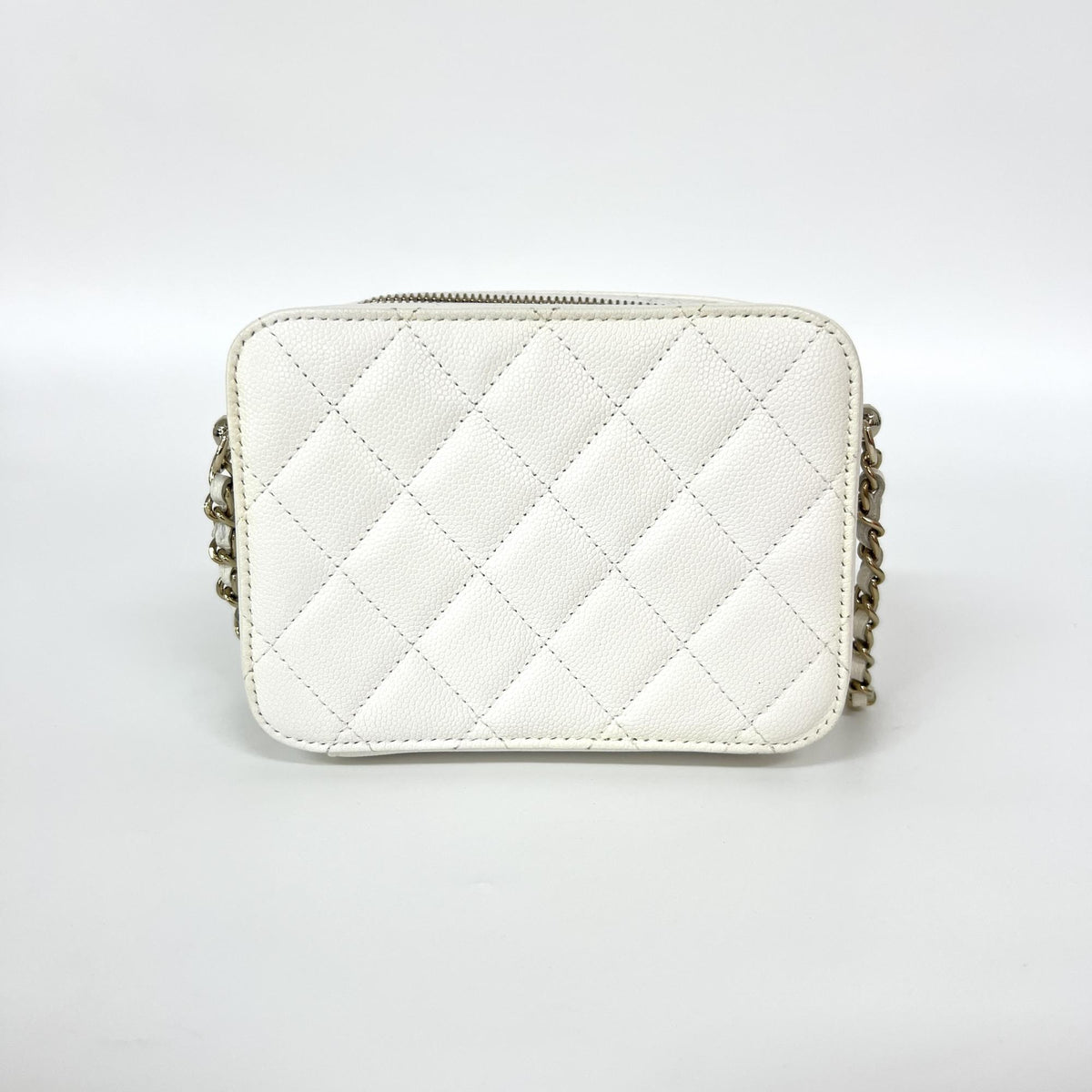 Chanel Square CC Chain Camera Quilted Caviar, White, Leather, Shoulder Bag