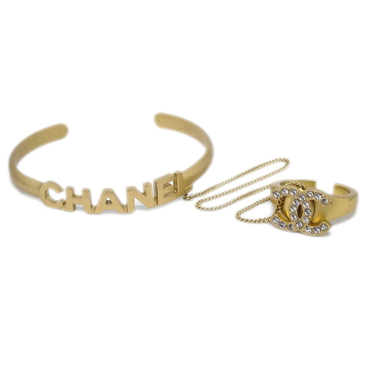 Chanel Logo Bangle with Chain Attached CC Metal with Crystal, Gold, Gold Plated, Bracelet