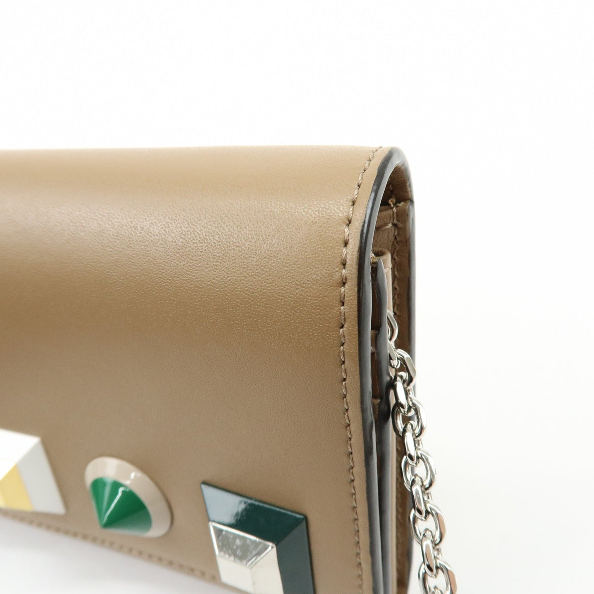 Fendi Continental Wallet on Chain Studded Leather, Beige, Leather, Crossbody Bag