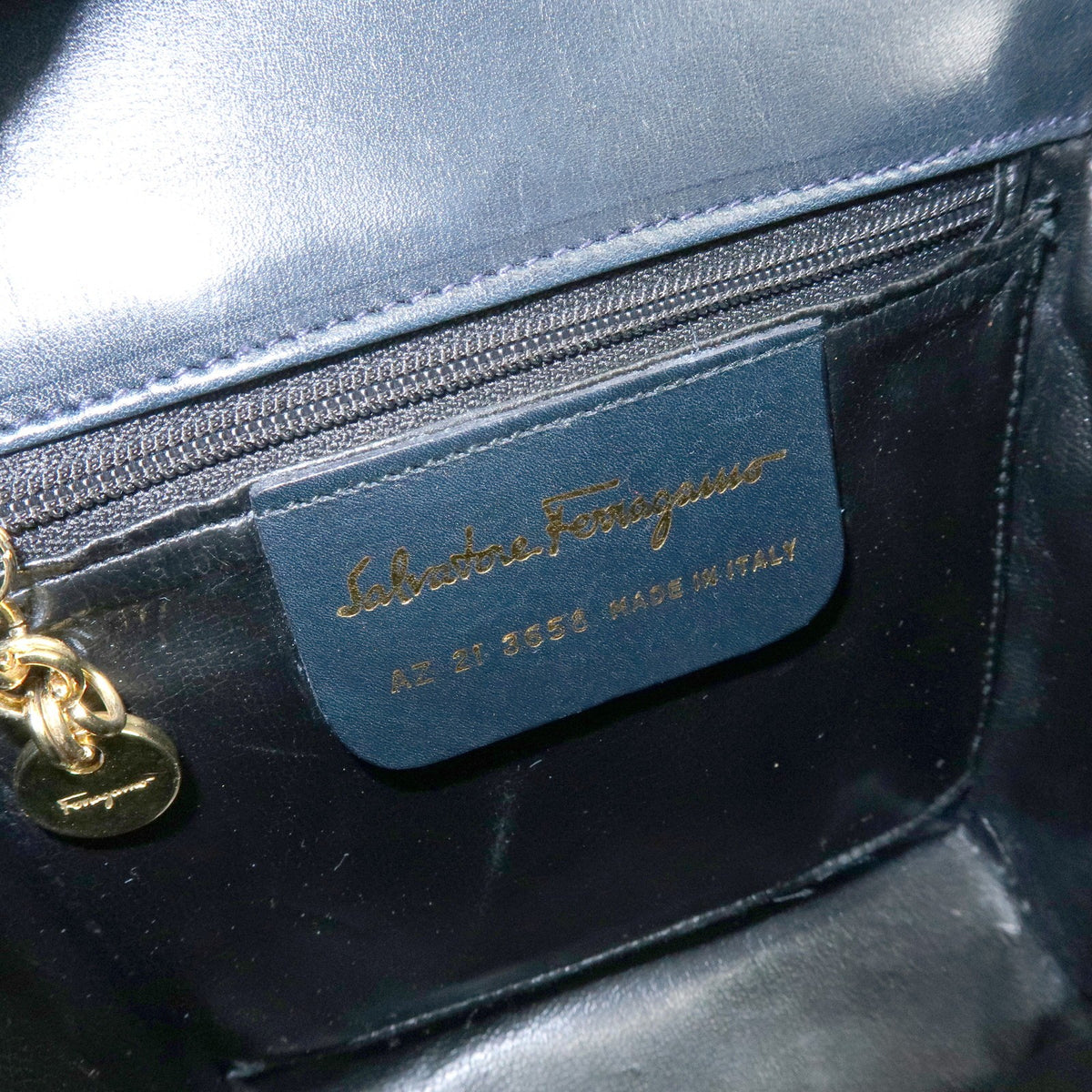 Salvatore Ferragamo Vintage Gancini Flap Leather, Navy, Leather, Shoulder Bag