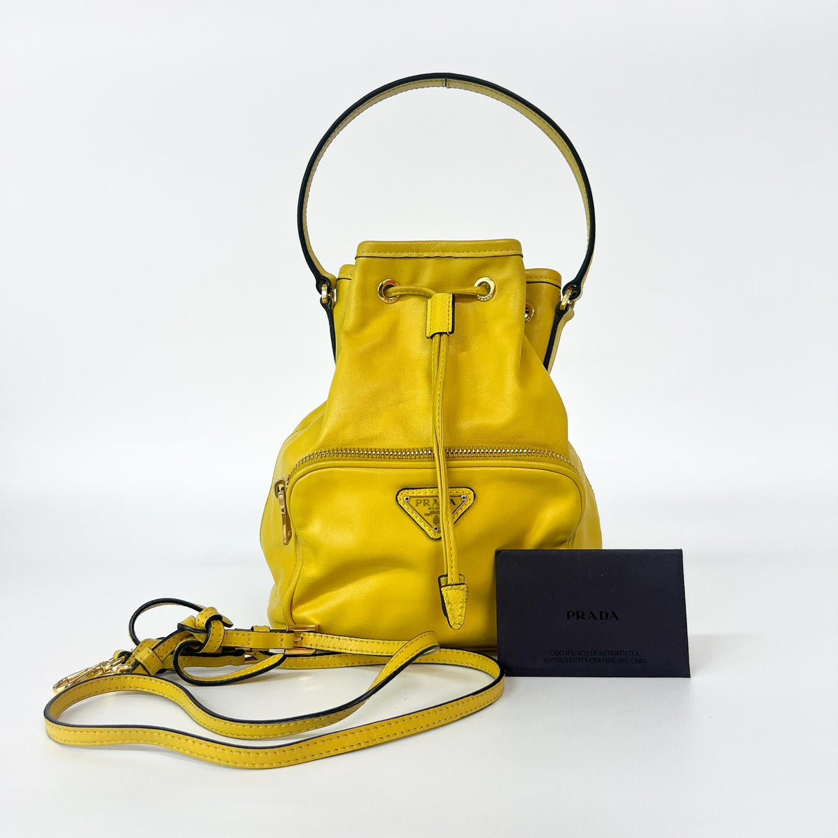 Prada Duet Drawstring Bucket Leather, Yellow, Leather, Handbag